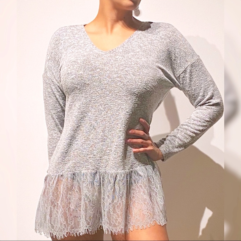 Zara Sweater Tunic w/ Floral Lace Trim Fringe